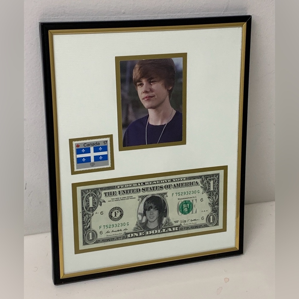2009 Vintage Framed Justin Bieber Dollar Bill Oversized Canadian Postage Stamp